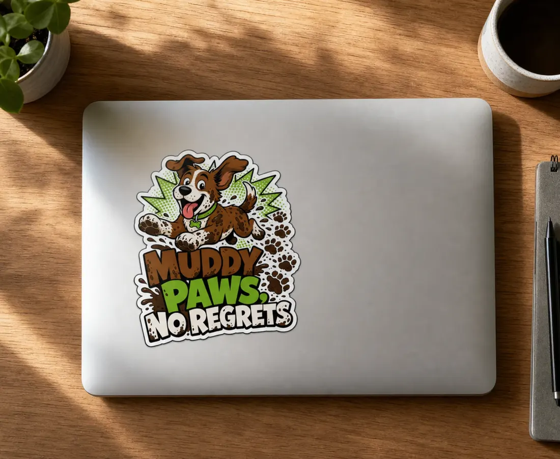 Muddy Paws, No Regrets sticker shown in real-world use