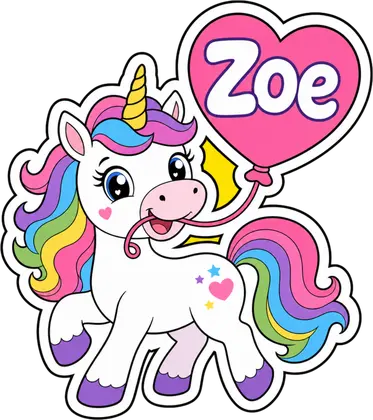 Example personalised unicorn sticker with heart balloon